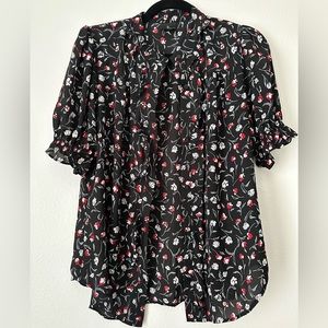 WORTHINGTON Top Shirt Blouse Black Multicolor Floral Career V-neck Button Sz M